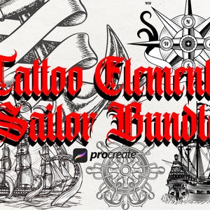 160 Sailor Tattoo Procreate Bundle | Anker, Schiffrad, Leuchtturm und Kompass Bündel Stempel | Maritime Tattoo Stempel | Tattoo Schablonen