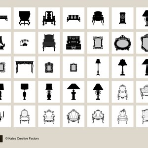 May include: A collection of black silhouette images of various furniture pieces, including chairs, lamps, tables, mirrors, and a gramophone. The images are arranged in a grid pattern on a white background.
