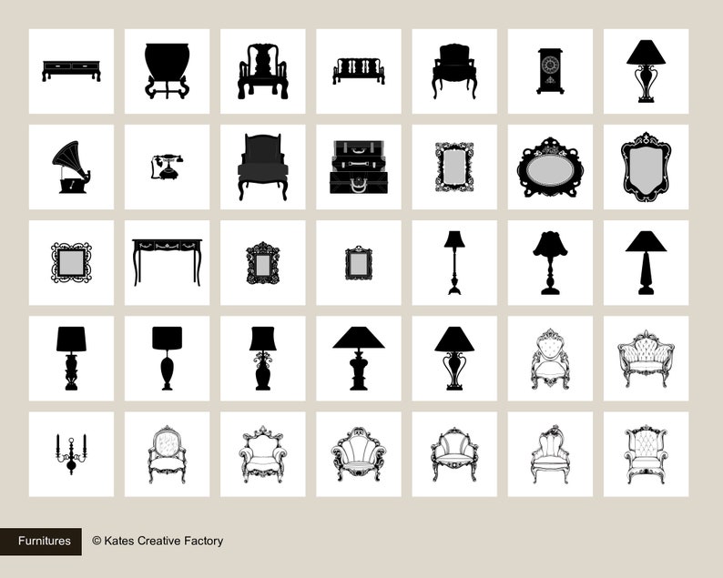 May include: A collection of black silhouette images of various furniture pieces, including chairs, lamps, tables, mirrors, and a gramophone. The images are arranged in a grid pattern on a white background.