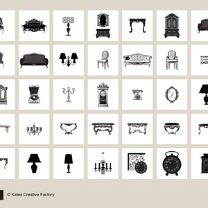 May include: A collection of 36 black and white illustrations of vintage furniture and home decor items, including chairs, sofas, tables, lamps, clocks, and mirrors.  The illustrations are in a simple, elegant style.
