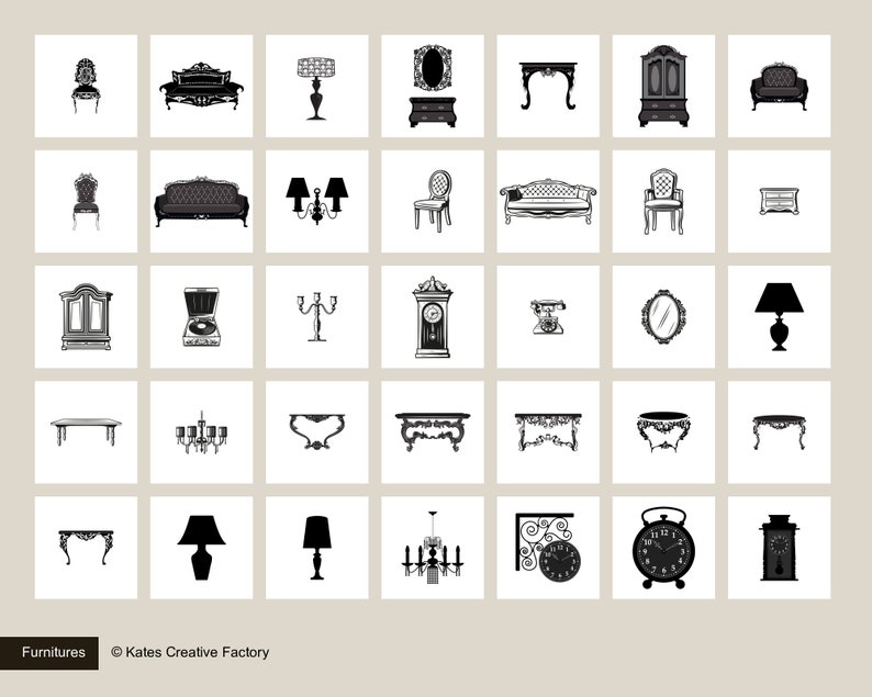 May include: A collection of 36 black and white illustrations of vintage furniture and home decor items, including chairs, sofas, tables, lamps, clocks, and mirrors.  The illustrations are in a simple, elegant style.