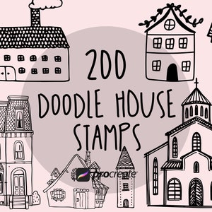 Huis Doodle Procreate Postzegels | Winkel, Cottage en Kerk Procreate Postzegels | Procreate Stamp Bundel | Commerciële licentie inbegrepen