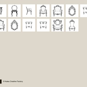 May include: A collection of black and white line drawings of various furniture pieces, including chairs, tables, and mirrors. The furniture is in a classic, ornate style.