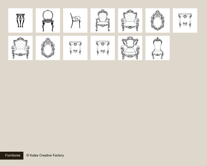 May include: A collection of black and white line drawings of various furniture pieces, including chairs, tables, and mirrors. The furniture is in a classic, ornate style.