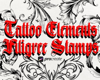 May include: Black and white intricate floral designs with the text "Tattoo Elements Filigree Stamps" in red lettering. The text "procreate" is also visible in the image.