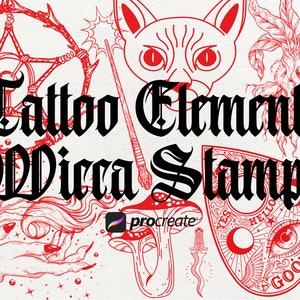 155 Witchcraft Tattoo Procreate Elements | Mystical Tattoo Stamps | Spell Books, Dark Soul, Crystal, and Potions Procreate Stamps