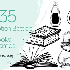 Potion Bottles Procreate Stamps | Books Procreate Stamps | Witchcraft, Mystical and Dark Soul Procreate Stamps | Commercial Licence Included
