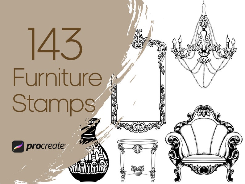 May include: A set of 143 black and white furniture stamps for Procreate. The stamps include a chandelier, a mirror, a chair, a vase, and a side table.