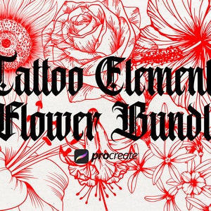 100 Flower Tattoo Procreate Bundle | Floral Procreate Stamps | Daisy, Peony, Rose, Lilium and Hibiscus Procreate Stamps | Tattoo Stencils