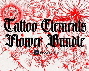 May include: A digital illustration of a set of tattoo elements featuring various flowers in a red outline. The text "Tattoo Elements Flower Bundle" is written in a bold black font.
