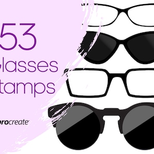 May include: 53 Glasses Stamps for Procreate. A set of four different glasses styles, including round, square, cat-eye, and aviator.
