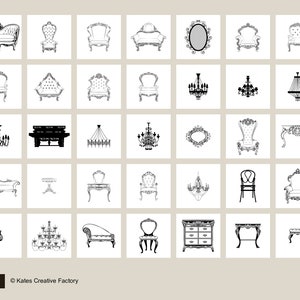 May include: A collection of 36 black and white line drawings of furniture and lighting fixtures in a classic style. The drawings include chairs, couches, tables, lamps, and chandeliers.