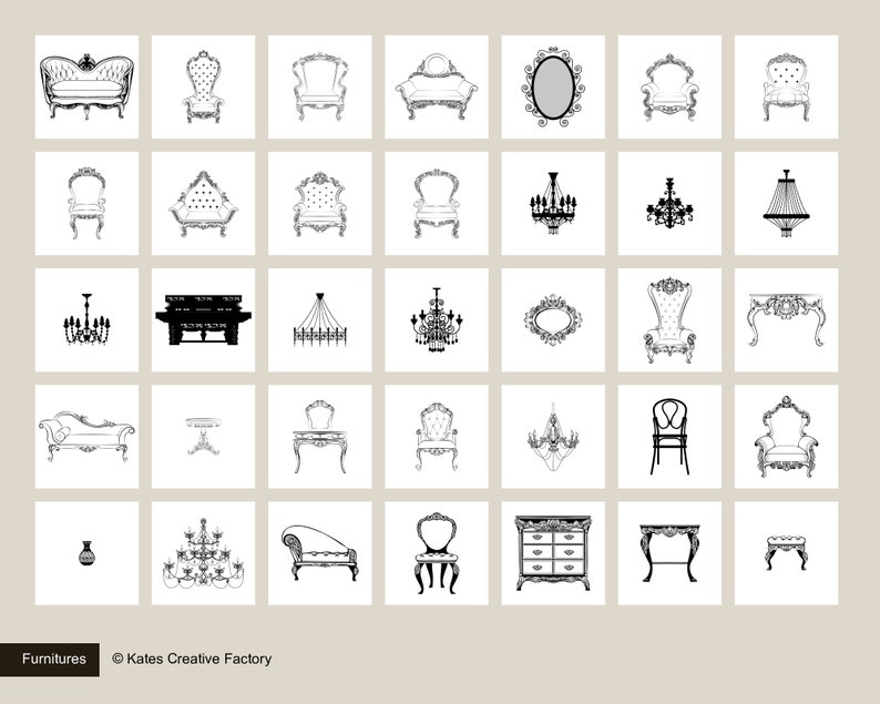 May include: A collection of 36 black and white line drawings of furniture and lighting fixtures in a classic style. The drawings include chairs, couches, tables, lamps, and chandeliers.
