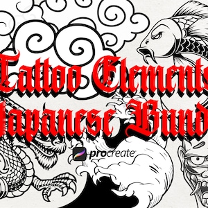 130 Japan Traditional Tattoo Procreate Bundle | Goldfish, Dragon, Katana and Wave Bundle Stamps | Procreate Tattoo Stencils | Tattoo Artist