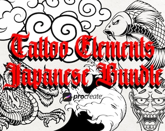 130 Japan Traditional Tattoo Procreate Bundle | Goldfish, Dragon, Katana and Wave Bundle Stamps | Procreate Tattoo Stencils | Tattoo Artist