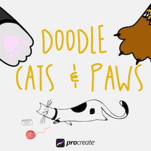 以下が含まれることがあります： 猫と足を描いた落書きのイラストで、黄色で「Doodle Cats & Paws」という文字が書かれています。画像には、毛糸玉で遊ぶ猫と猫の餌の缶も描かれています。