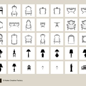 May include: A collection of black and white line drawings of furniture, including chairs, tables, lamps, and mirrors. The drawings are in a classic, ornate style.