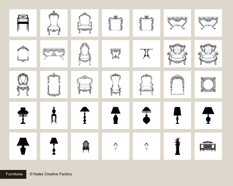 May include: A collection of black and white line drawings of furniture, including chairs, tables, lamps, and mirrors. The drawings are in a classic, ornate style.
