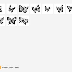 May include: A collection of black and white butterfly illustrations. The butterflies are in various sizes and positions.