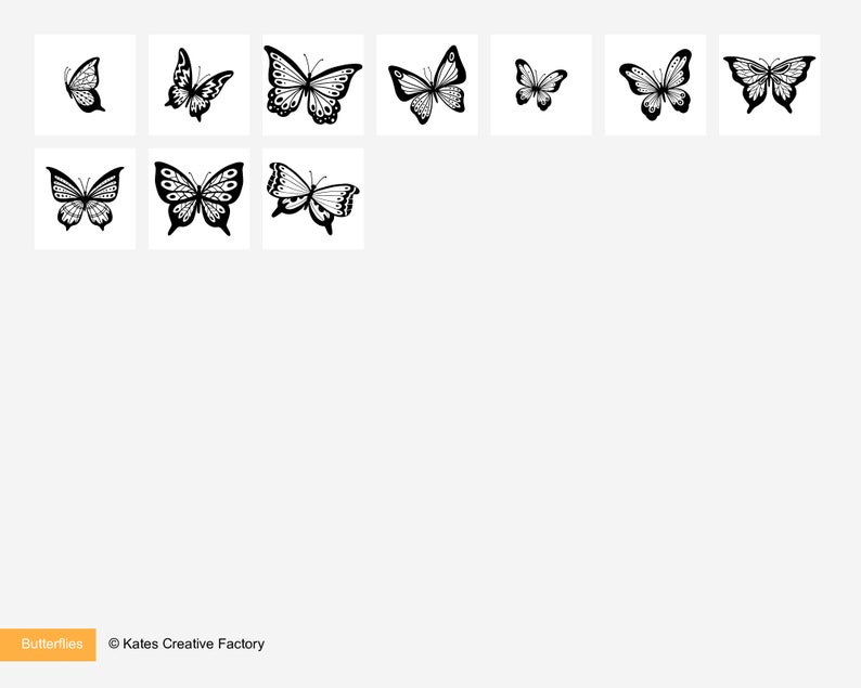 May include: A collection of black and white butterfly illustrations. The butterflies are in various sizes and positions.