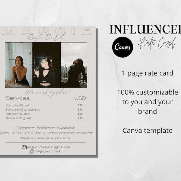 Influencer Rate Card template | 1 Page Rate Card | Canva Template | Blogger | Instagram Influencer | Blogger Rate Card template