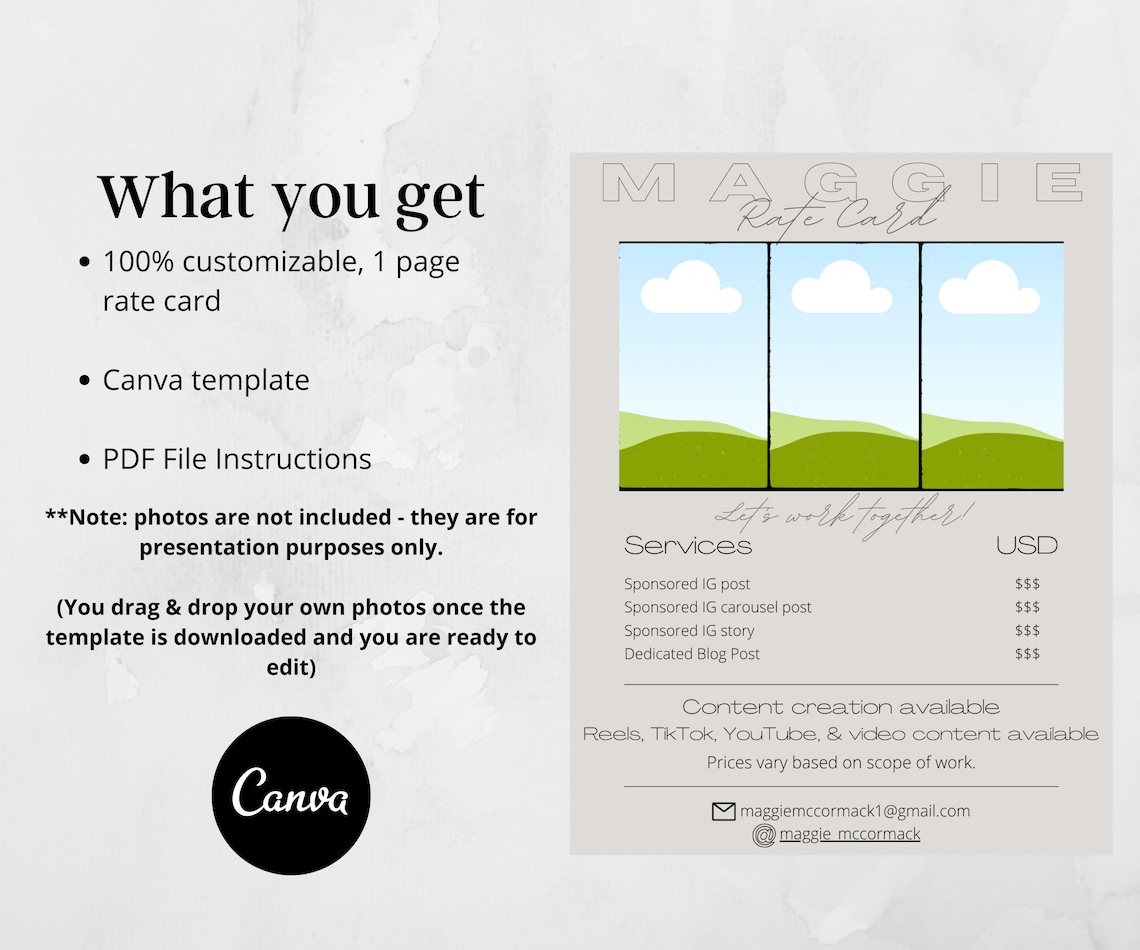 Influencer Rate Card Template 1 Page Rate Card Canva Etsy
