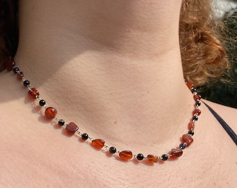 Garnet and Stainless Steel Beaded Necklace | delicate chain | natural stone necklace