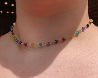 Rainbow choker | Stainless Steel and Agate Chain | Colorful Necklace | Small delicate chain | Short silver necklace