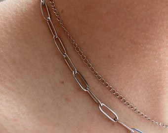 Double stainless steel chain | Minimalist short necklace | Paper clip chain and curb chain | Silver necklace |