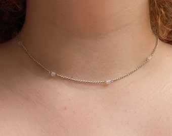 Stainless steel chain with 5 small stones | Short Stainless Steel Necklace | Silver beaded chain | Minimalist choker |