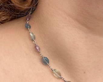 Fluorite and stainless steel necklace | delicate necklace | natural stone necklace