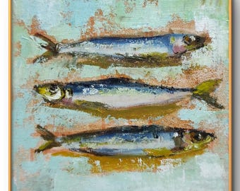 Sardinen Ölgemälde Original Art Impasto Kunstwerk Stillleben Küche Wandkunst 15 x 15 cm