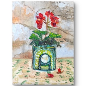 Red Geranium painting Floral oil art Original painting Impasto artwork Flowers abstract painting Countryside wall art 6 by 8 in.