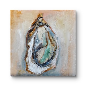 May include: A close-up of a textured, abstract painting of an oyster shell with shades of brown, white, and blue.