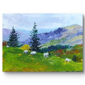 Sheep Painting, Original artwork Landscape Painting, Field Art, Nature Art, Meadow Painting, Impasto painting Abstract Artwork, Wilderness
