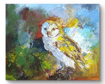 Owl Oil Painting Original art Scenic Impasto artwork Woodland wall decor Bird painting