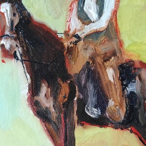 May include: Oil painting of a cowboy riding a horse. The cowboy wears a brown hat, white shirt, and vest. The horse is brown and black. The background is a light green and yellow.