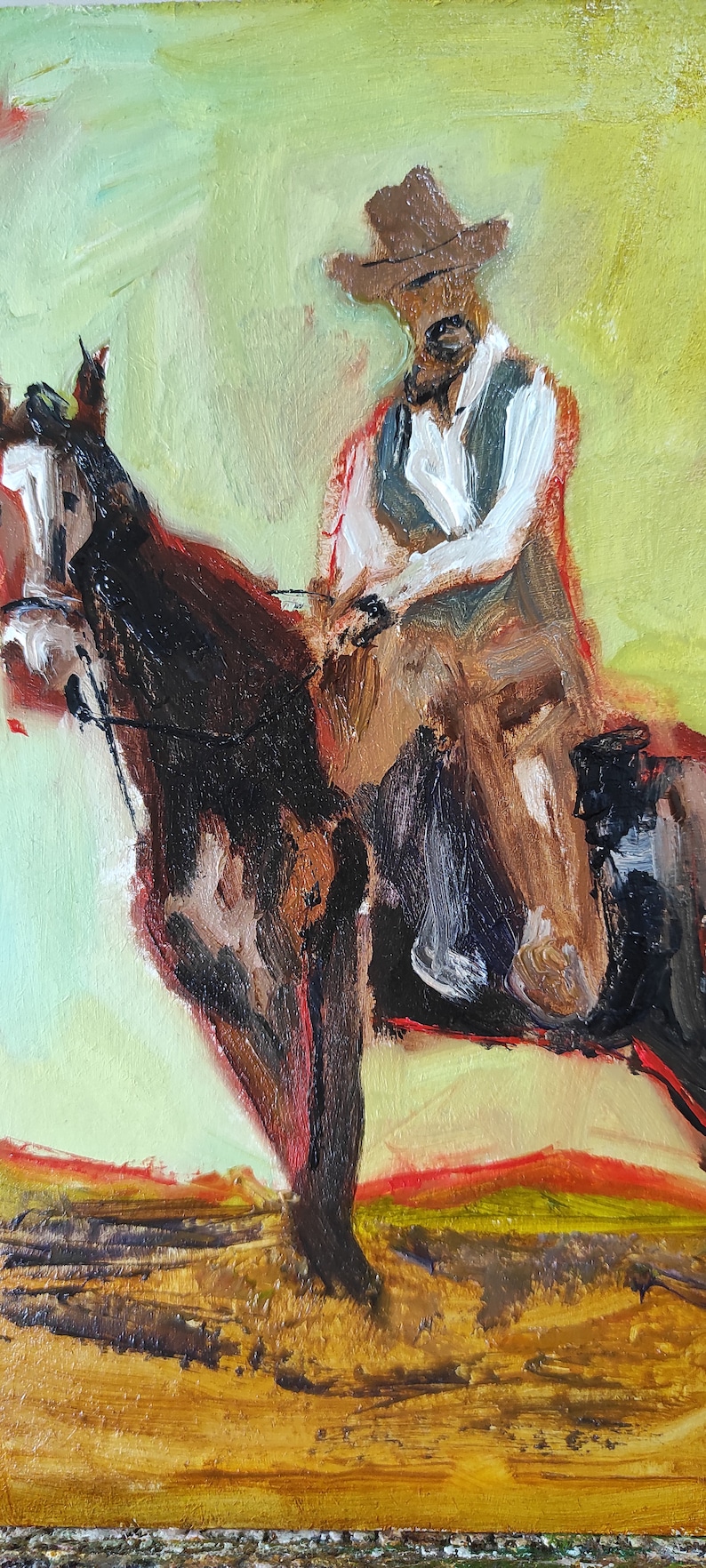 May include: Oil painting of a cowboy riding a horse. The cowboy wears a brown hat, white shirt, and vest. The horse is brown and black. The background is a light green and yellow.
