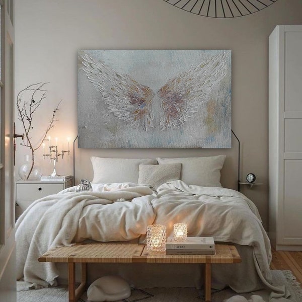 Angel wings painting Real oil painting Textured painting White angel wings Over the couch art Parent wedding gift Wedding gift painting