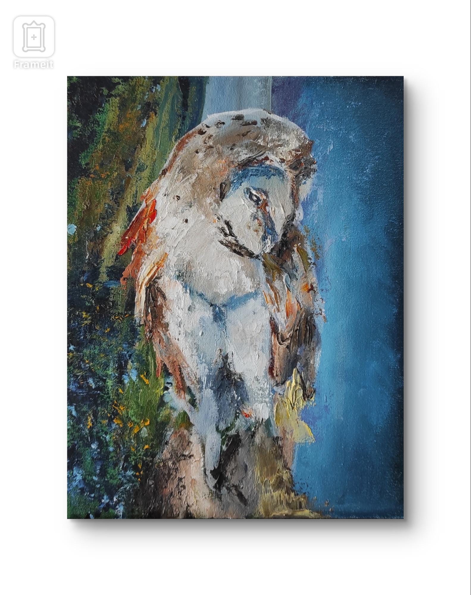 Owl painting Original artwork Impasto painting Forest animal oil painting Rustic home decor