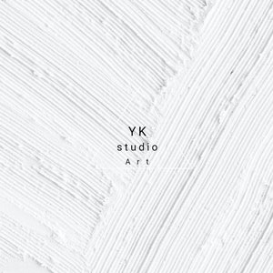 May include: White textured art piece with diagonal brushstrokes. The image features the text "YK studio Art" in a minimalist design, suitable for wall decor or artistic prints.