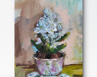 Hyacinth Painting Floral Original Art Hyacinth wall decor Impasto Painting Semi Abstract Flowers 6 by 8 Miniature painting