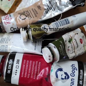 May include: A collection of oil paint tubes in various colors, including red, yellow, and brown, some with text in a foreign language. The tubes are partially squeezed and show signs of use, with some held together by binder clips. The text "Only high quality materials" is visible.