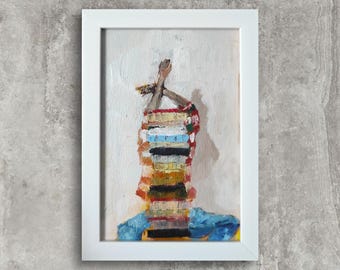 Original reading girl oil painting Small framed art Hand painted wall art