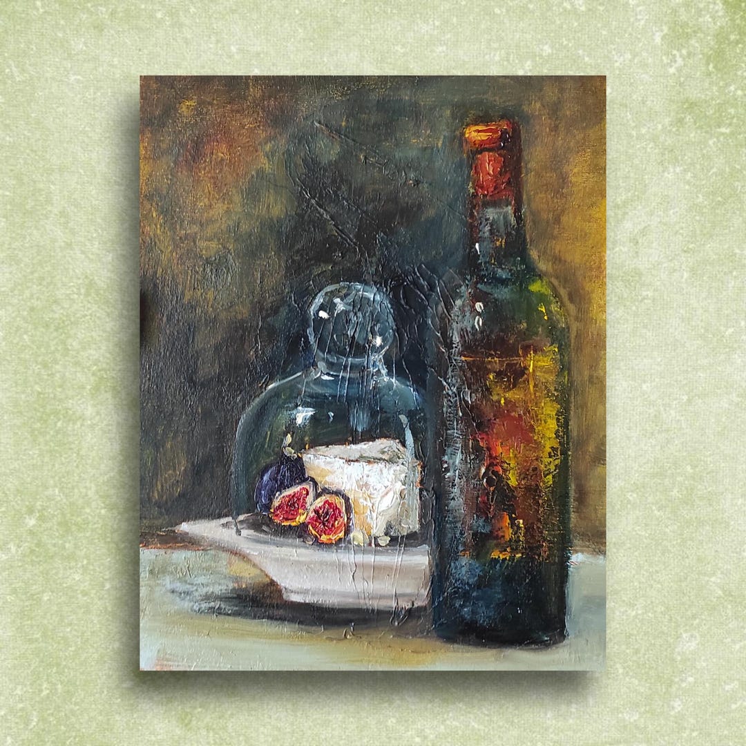 Wine Bottle Oil Painting Original Impasto Artwork Figs Still Life Wall ...