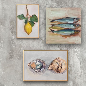 Still life bundle, Original oil painting, Impasto artwork, Lemon art, Oyster painting, Sardines art, Small paintings gift