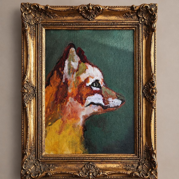 Fox head Vintage oil painting original Moody wall art Animal home decor Green academia art