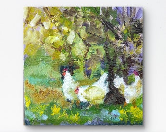 Chicken Original Art Farm Animals Artwork Rooster wall decor Miniature