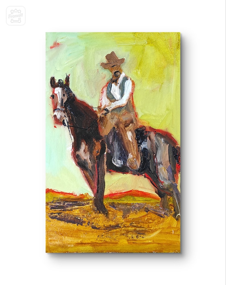 May include: Oil painting of a cowboy on horseback. The artwork features a man in a brown hat and vest, riding a dark horse. The background is a blend of yellow and green, with a touch of red and brown at the bottom.