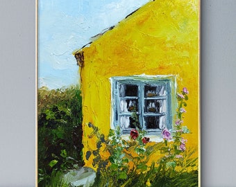 May include: A painting of a yellow house with a window and green plants in front of it. The house is painted in a textured style, and the window has a blue frame and white curtains. The plants are green and have pink flowers.